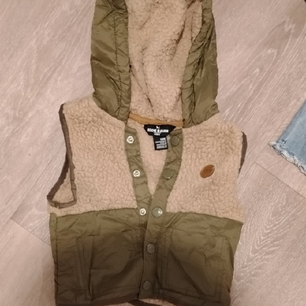 Eddie Bauer Olive and Cream Kids Hooded Vest